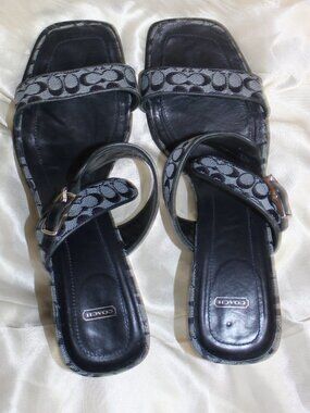 Coach canvas leather blue  3.5" heels sandals 1 adjustable strap size 10 B